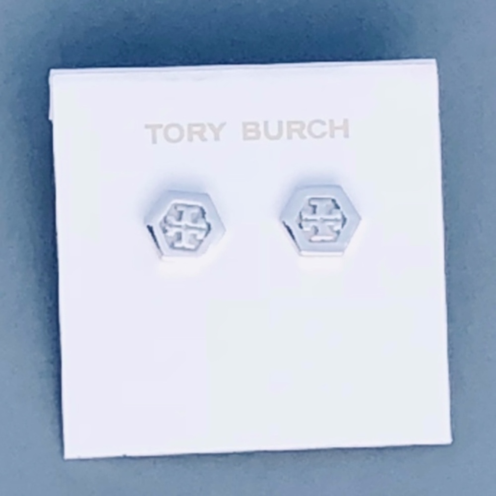 NWT TORY BURCH SILVER Hex-Logo Silver Stud Earring - Picture 2 of 4